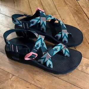 Chaco Z/Cloud 2 Sandals Black and Teal Pattern